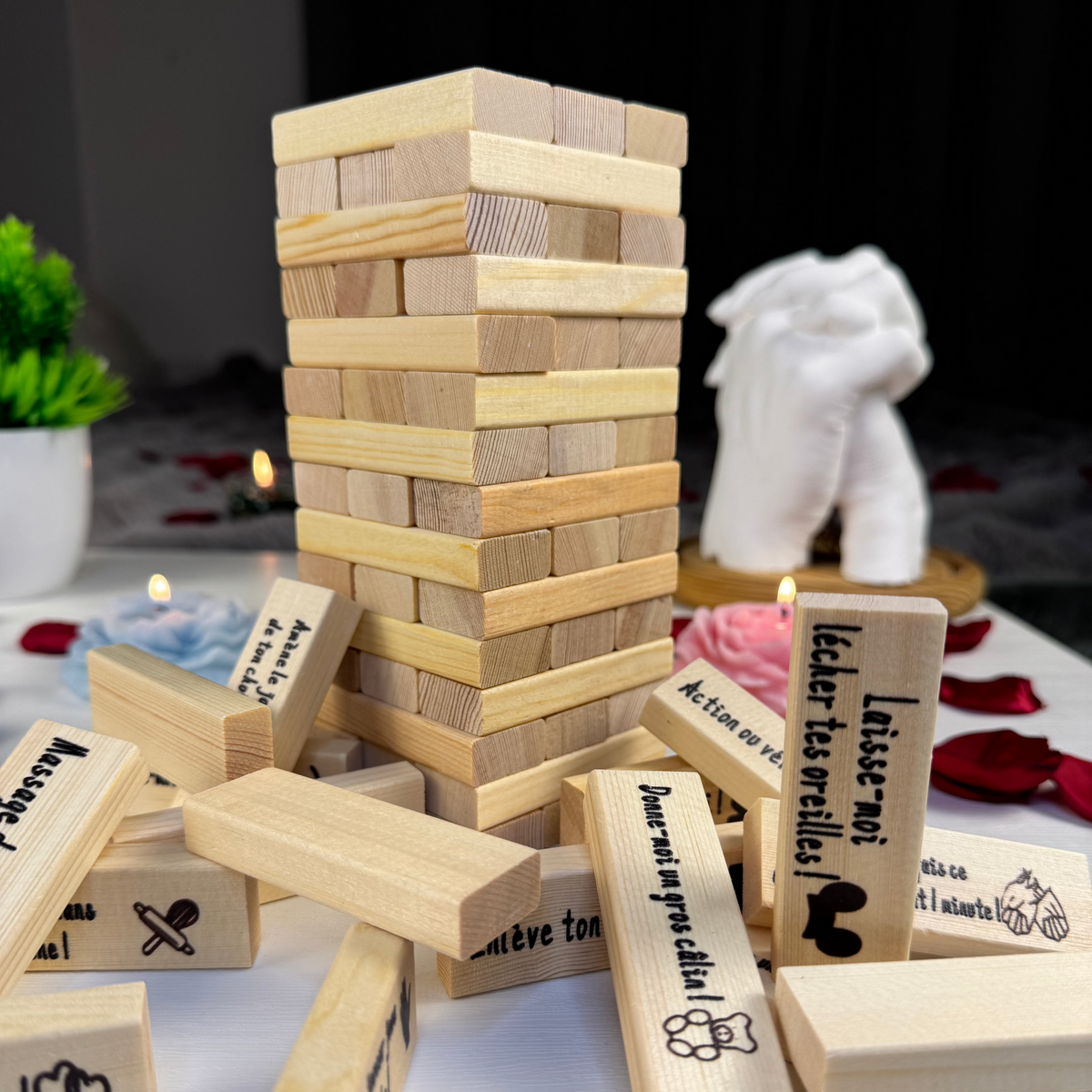 Jeu Jenga pour adultes pour un date galant – Tour coquine intime avec défis et défis – Puzzles romantiques